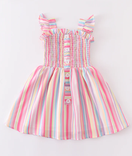 Pink Stripe Smocked Ruffle Dress