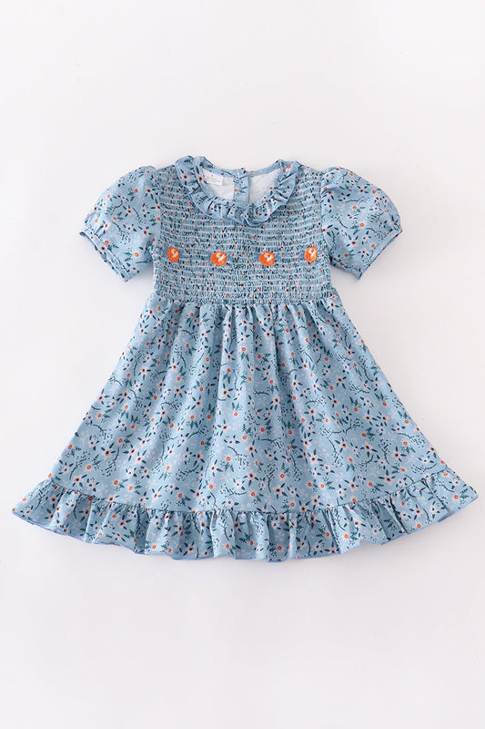 Stock - Blue Smocked with Orange Flowers