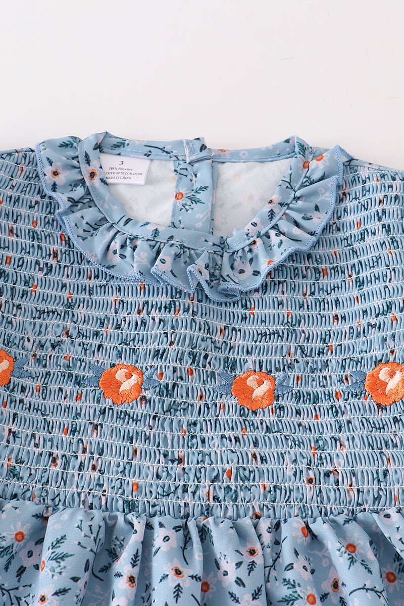 Stock - Blue Smocked with Orange Flowers