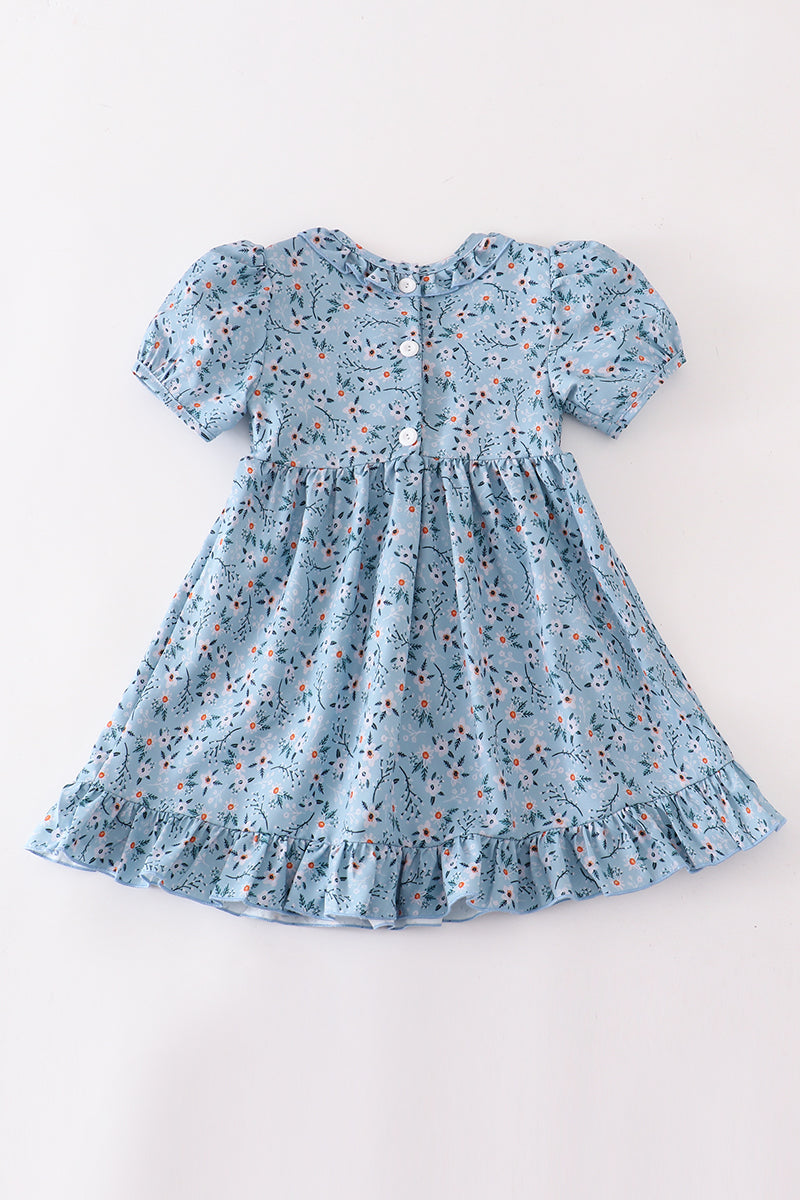 Stock - Blue Smocked with Orange Flowers