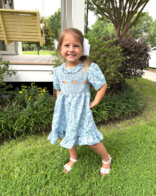 Stock - Blue Smocked with Orange Flowers