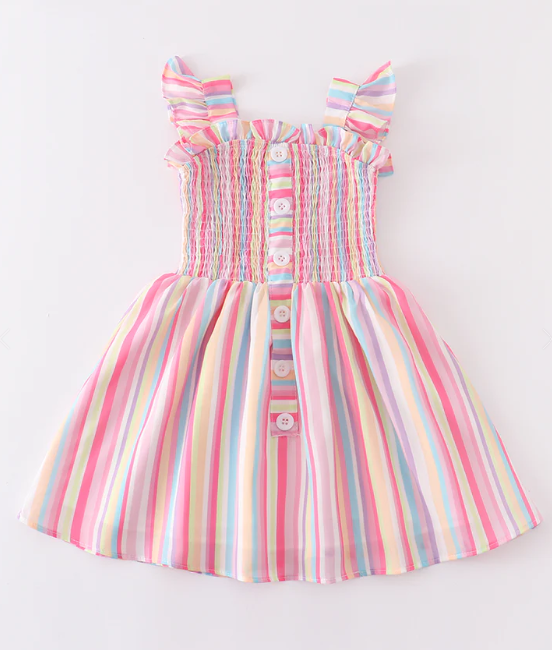 Stock - Pink Stripe Smocked Ruffle Dress