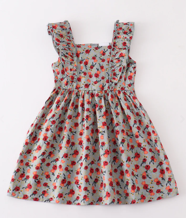 Stock - Red/Orange Floral Ruffle Dress