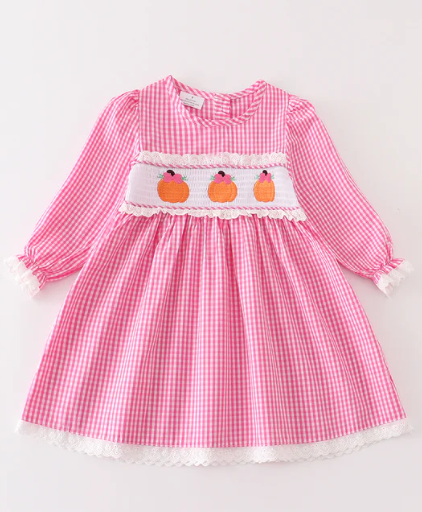 Stock - Pink Plaid Pumpkin Smocked Dress